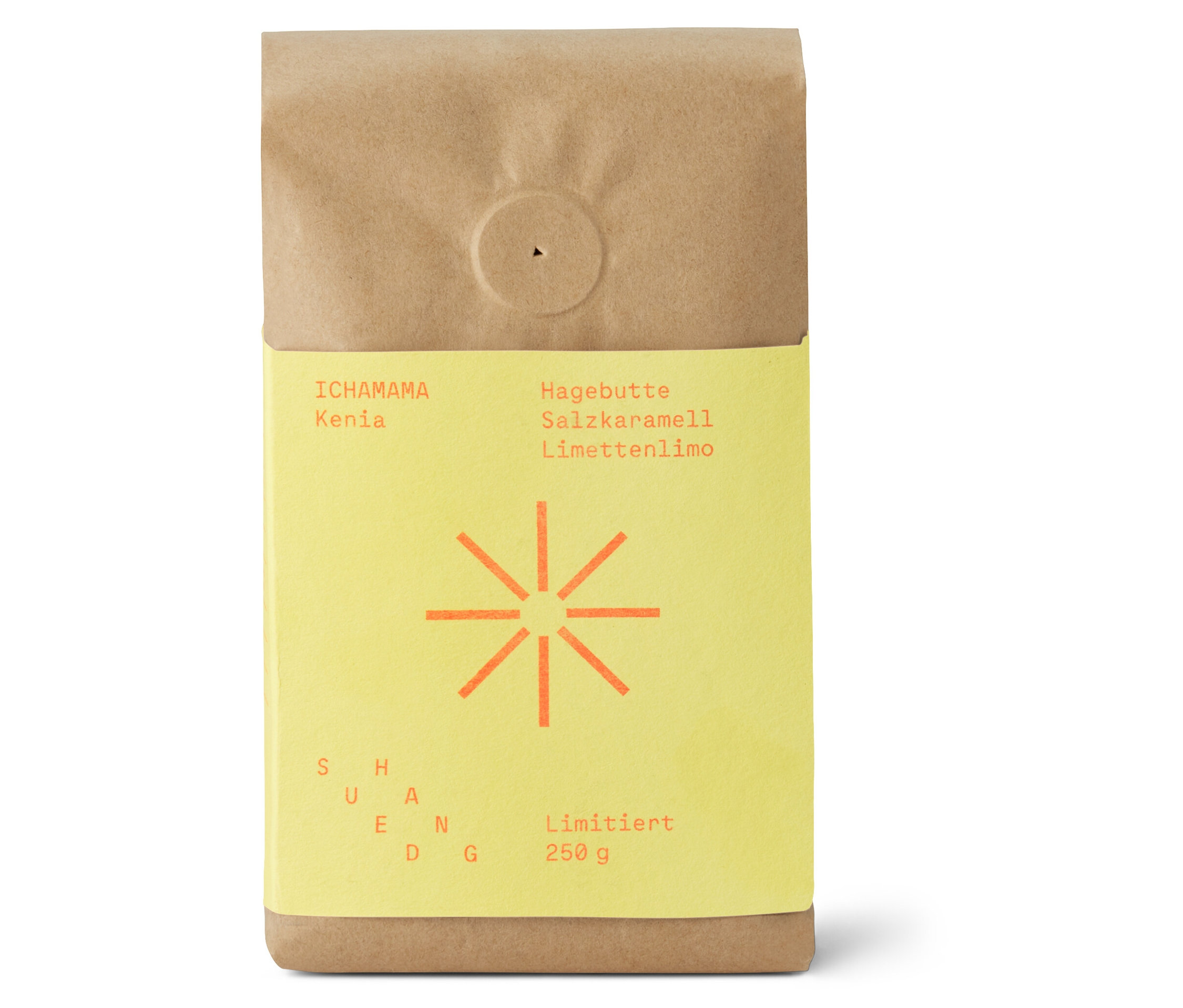 Eine Packung Ichamama Kenia Kaffee, Hagebutte, Salzekaramell, Limettenlimo, limitiert, 250 g.