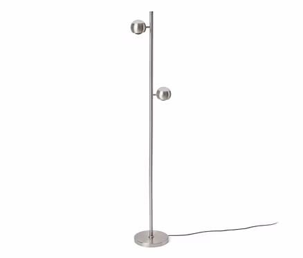 Gebürstete Stehlampe aus Metall mit rundem Fuß und zwei kugelförmigen Leuchten.
