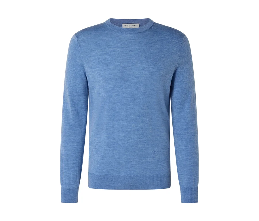 Blauer, langärmeliger Pullover mit Rundhalsausschnitt, gerippten Bündchen und Saum, auf einem weißen Hintergrund.