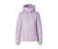 Hellviolette Steppjacke mit wellenförmigem Steppmuster, Kapuze und durchgehendem Reißverschluss.