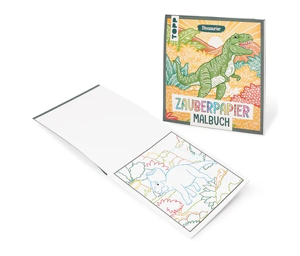 Offenes Zauberpapier-Malbuch »Dinosaurier« mit einer Umrisszeichnung eines liegenden Dinosauriers und dem Cover mit einem grünen T-Rex.