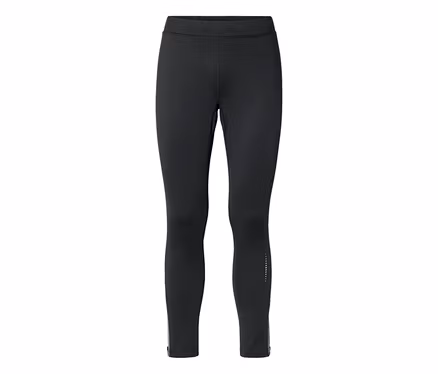 Schwarze, lange Leggings mit elastischem Bund, Reißverschlüssen an den Knöcheln und einem reflektierenden Punktmuster am unteren rechten Bein.