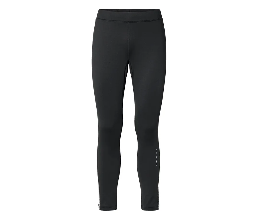 Schwarze, lange Leggings mit elastischem Bund, Reißverschlüssen an den Knöcheln und einem reflektierenden Punktmuster am unteren rechten Bein.
