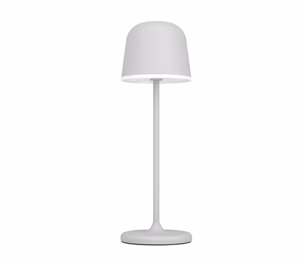 Helle, graue Eglo LED-Akku-Tischleuchte »Mannera« mit glockenförmigem Schirm und schlankem Stiel.