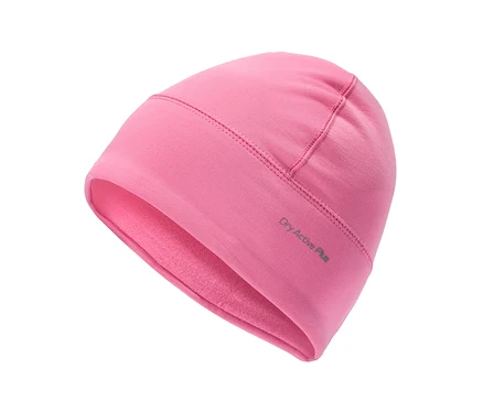 Rosa Beanie mit der Aufschrift „Dry Active Plus“, innen mit Fleece gefüttert.