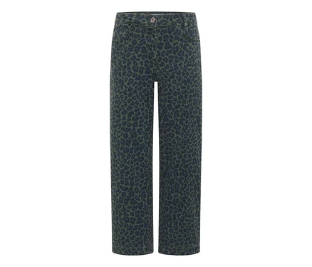CECIL Jeans in dunklem Olivgrün mit dunklem Leopardenmuster.