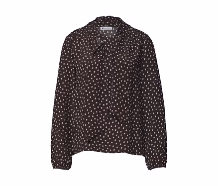 Dunkelbraune Street One Bluse mit weißen Punkten und Schluppenkragen.