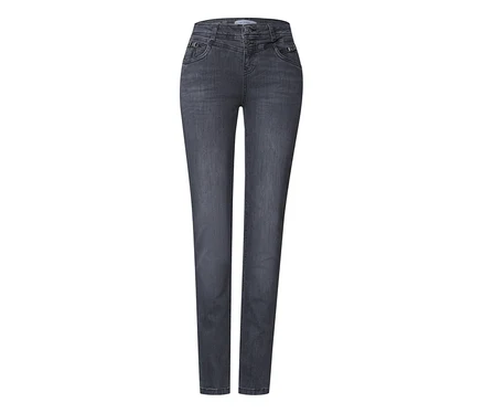 Graue Street One Jeans, aufrecht stehend, mit Knopf- und Reißverschluss, Vordertaschen mit kleinen Metalldetails und Gürtelschlaufen.
