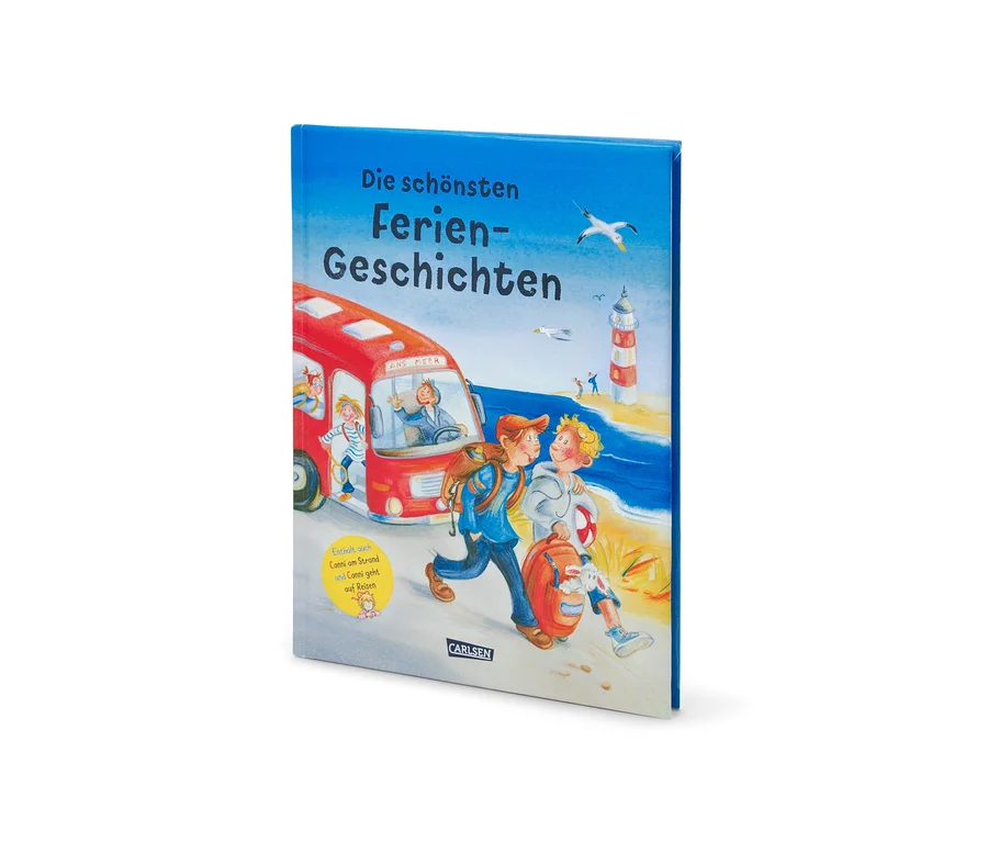 Illustration des Buchs »Die schönsten Feriengeschichten«: Kinder am Strand mit Badehaus und Bus.