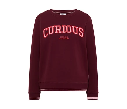 Bordeauxrotes CECIL Sweatshirt mit dem roten Schriftzug „CURIOUS“ und „LEARNING NEVER STOPS“ auf der Brust.