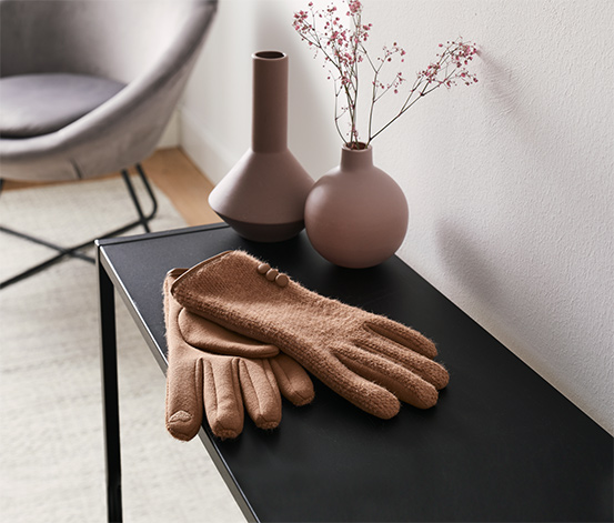 Handschuhe im Materialmix, cognacfarben