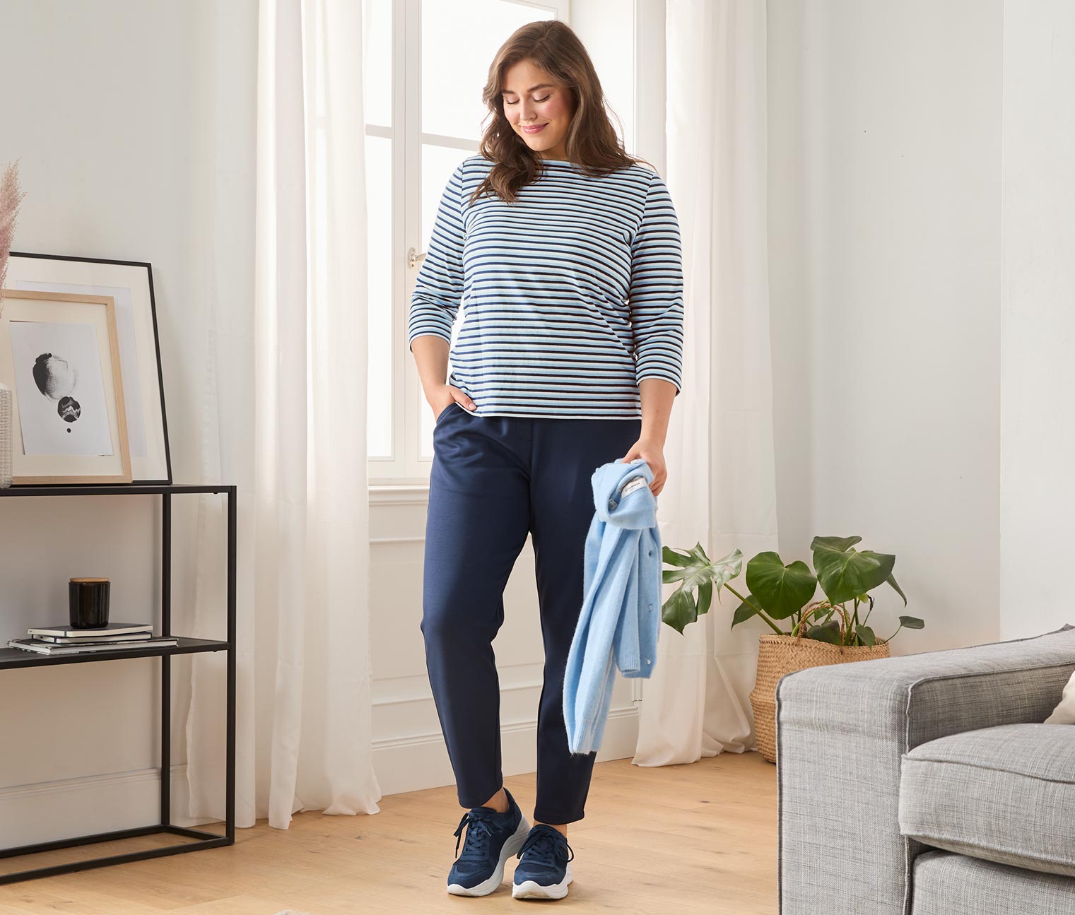 Shirt mit 3/4-Arm, hellblau-dunkelblau-weiss gestreift