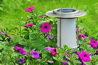Gartenbeleuchtung mit Solar-Technik: Eine von Blumen umrankte Solarlampe, die auf einer grünen Wiese steht.